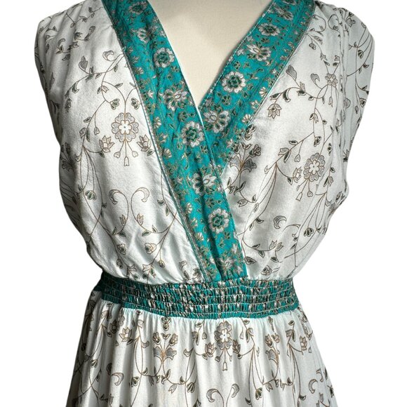 Boho Maxi Dress White Floral Print Sleeveless V-Neck Lined with Pockets Size L - Picture 4 of 15